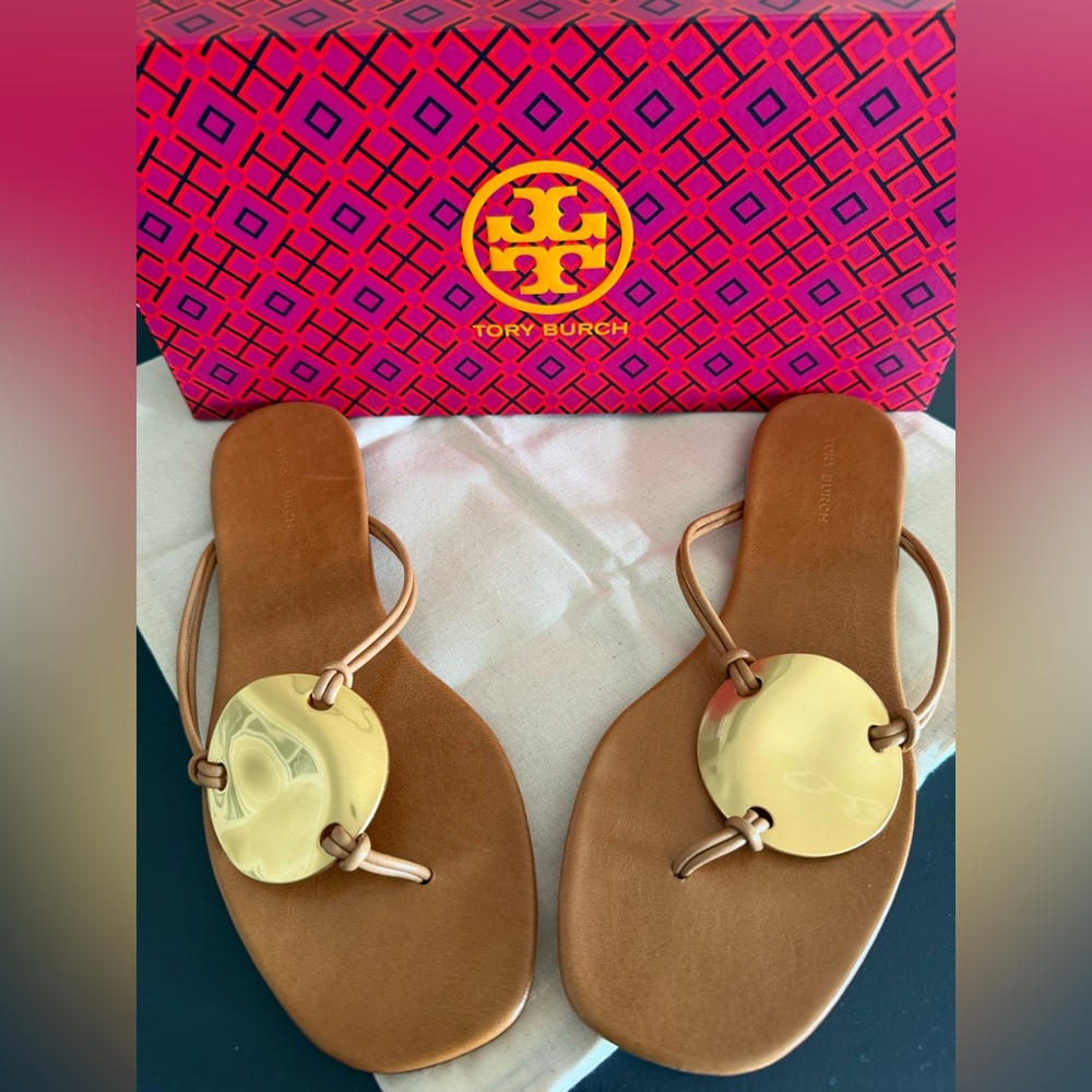 Tory Burch Tan Leather Sandals with Gold Medallion